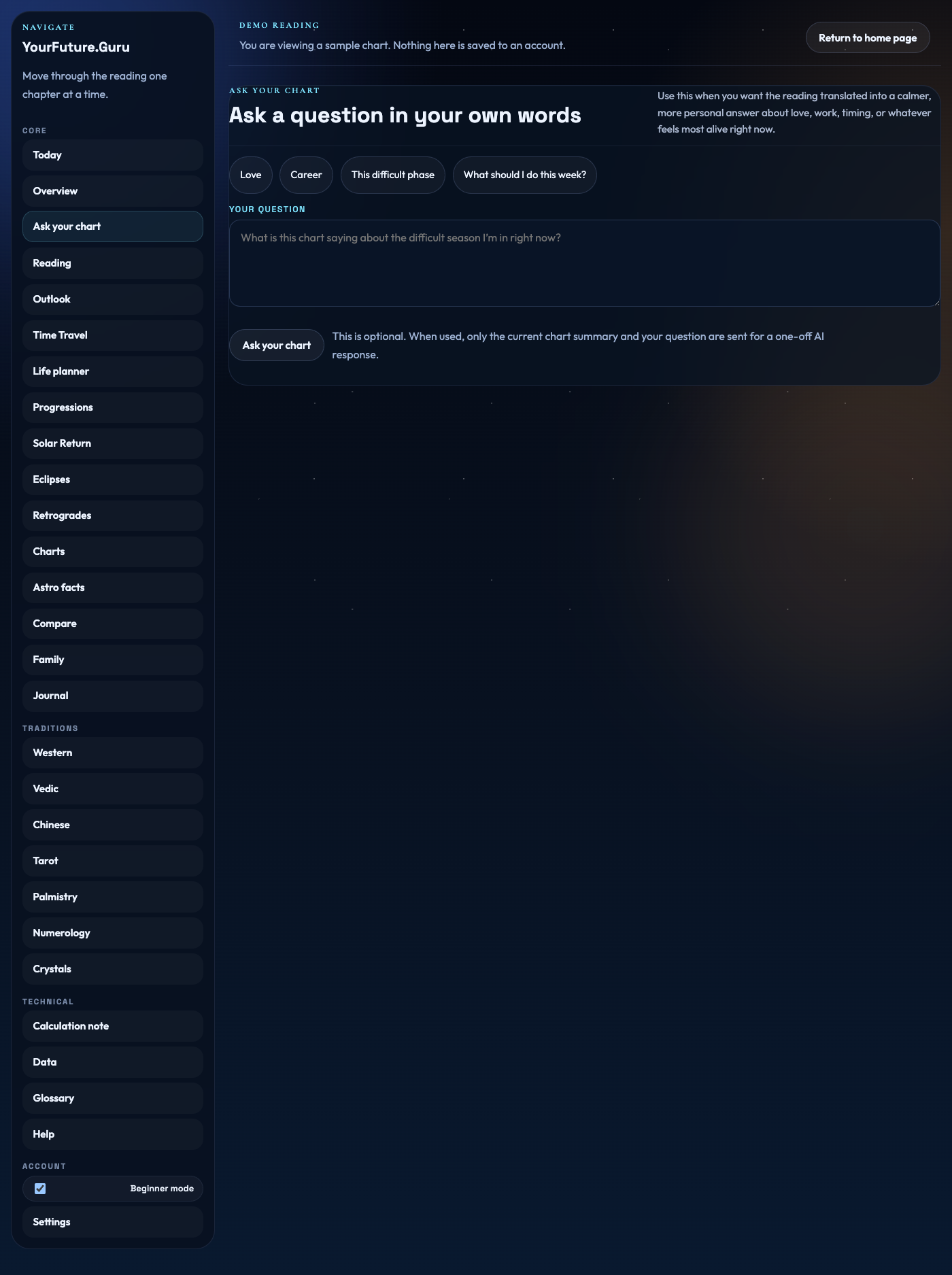 Ask Your Chart page from the live app.